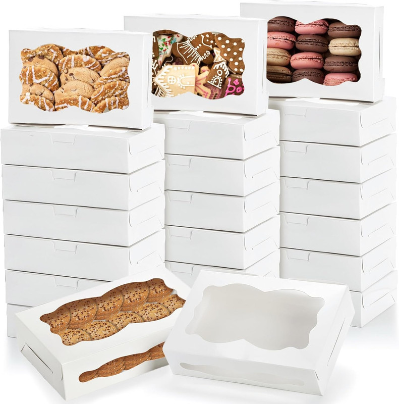 Hiceeden 50 Pack White Cookie Boxes with Window, 8″×5.4″×2″ Bakery Candy Box for