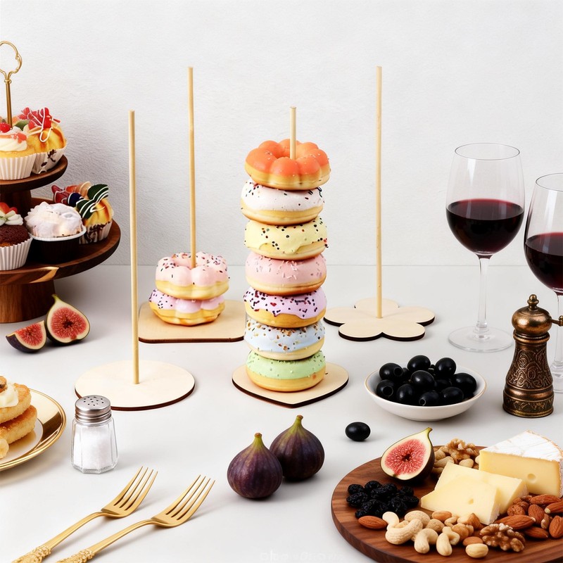 8 Pcs Wood Donut Stands Hexagon with Bracket for Dessert Table, Natural gallery