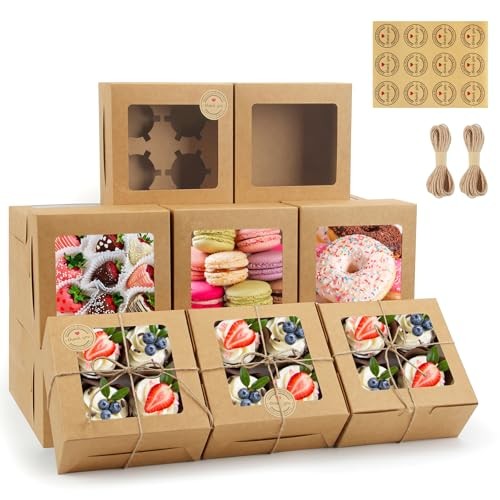 50 Cupcake Boxes with Window, 6x6x3 Inch, Cookie Brown-Sticker A-50pcs gallery