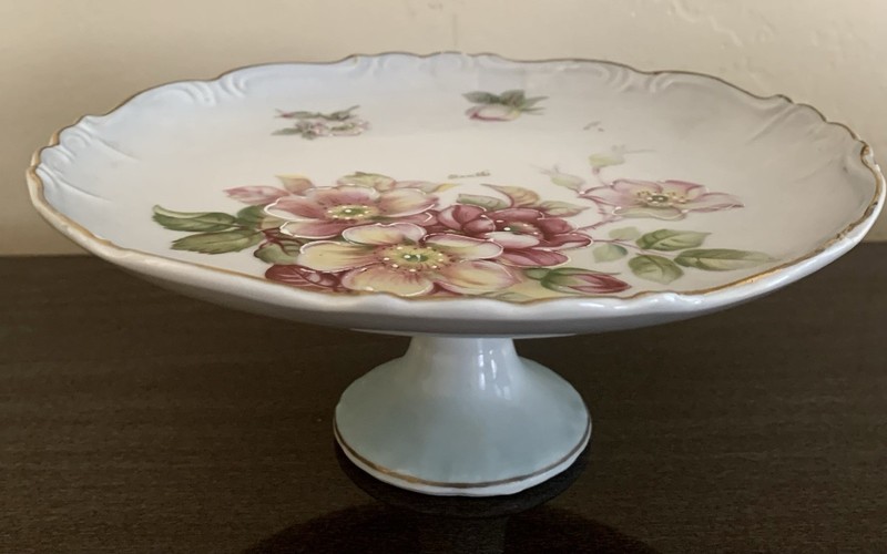 Vintage Renee Hand Painted Porcelain Pedestal Floral Cake Plate