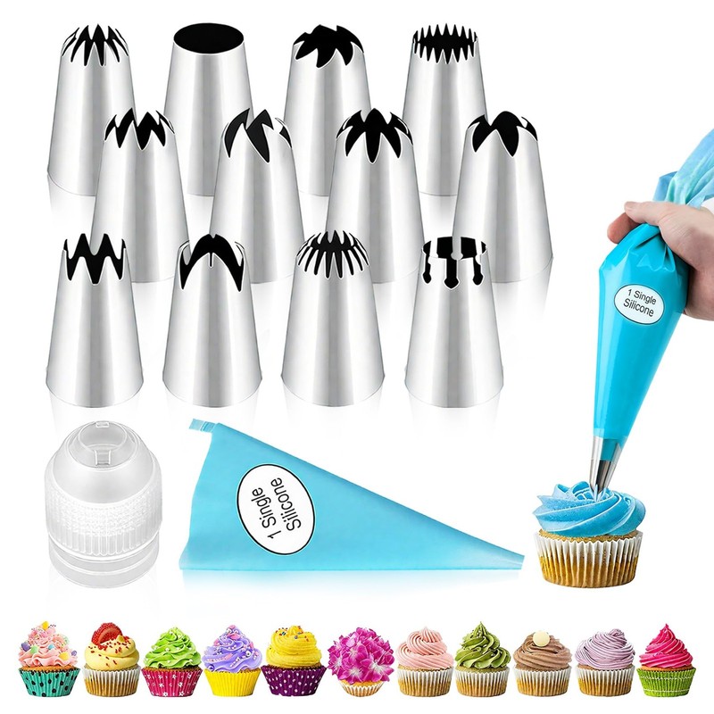 Large Piping Tips Set – 14pcs Reusable Stainless Steel Icing Nozzles Kit Cake…