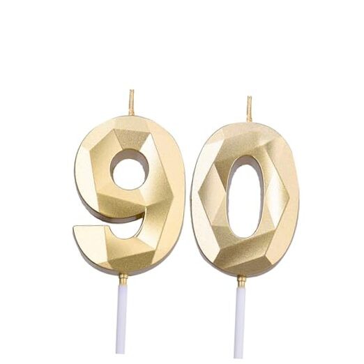 2 inch Gold 90 Birthday Candles, 3D Diamond Number 90 Cake Topper for Men