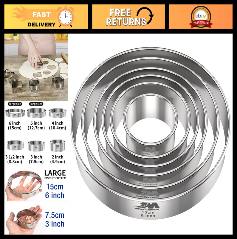 6-Piece Stainless Steel Cookie Cutter Set – Round Biscuit Molds 2” to 6” Sizes