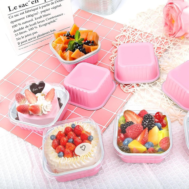 30Pack 5oz Pink Mini Cake Pans W/ Lids Baking Cups Aluminum Foil Pans Tins gallery