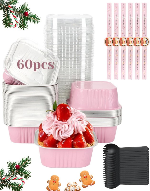 60 Pack 10oz Mini Cake Pans with Lids Spoons Stickers – Disposable Square
