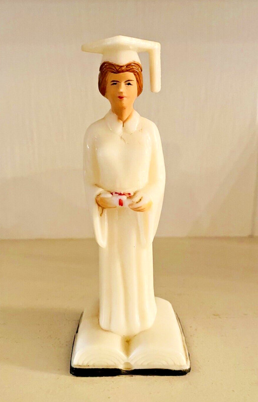 Vtg Graduation Girl Cake Topper 4.75″ Reddish Brown Hair Plastic 1950s 1960s