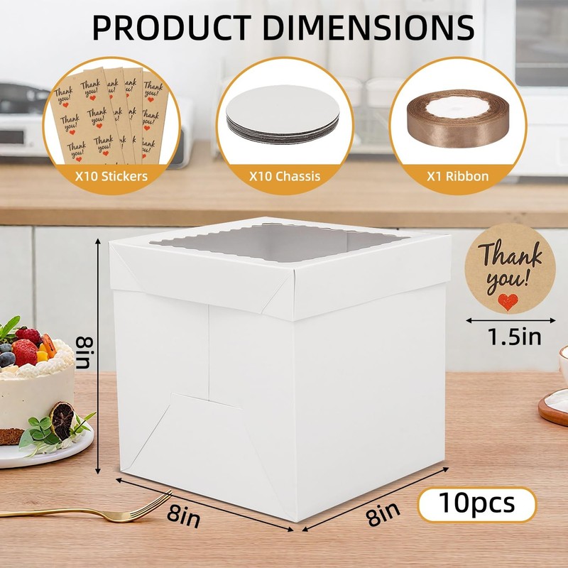 White Cardstock Square Cake Boxes Window Multi Layer Bakery Box 8x8x8 In 10P gallery