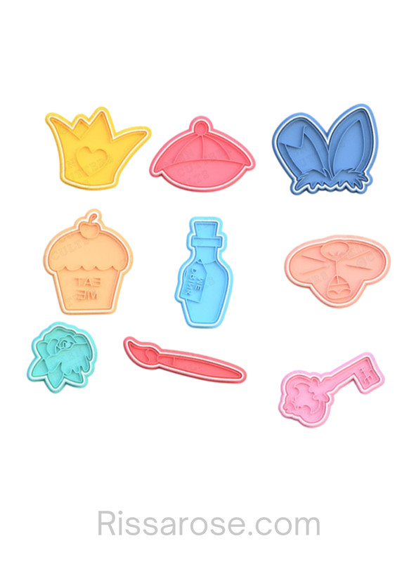 Alice in Wonderland Elements Cookie Cutter Stamp Crown Hat Bunny Ears Eat Me Dri