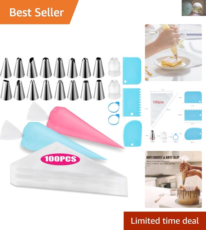 100 Pcs 12 Inch Piping Bags Set with 16 Tips & 3 Scrapers – Baking Essentials