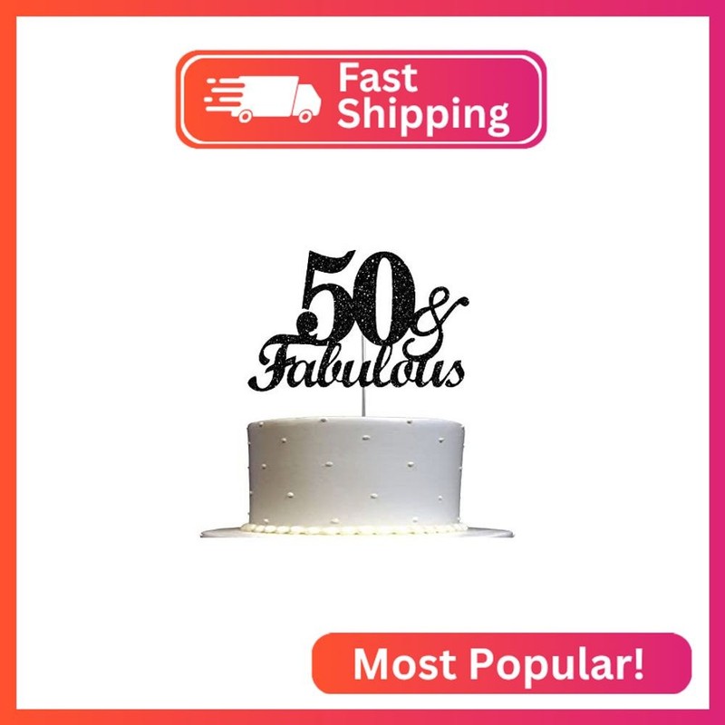 Fabulous & 50 Black Glitter Cake Topper, 50th Birthday Party Decorations Ideas,