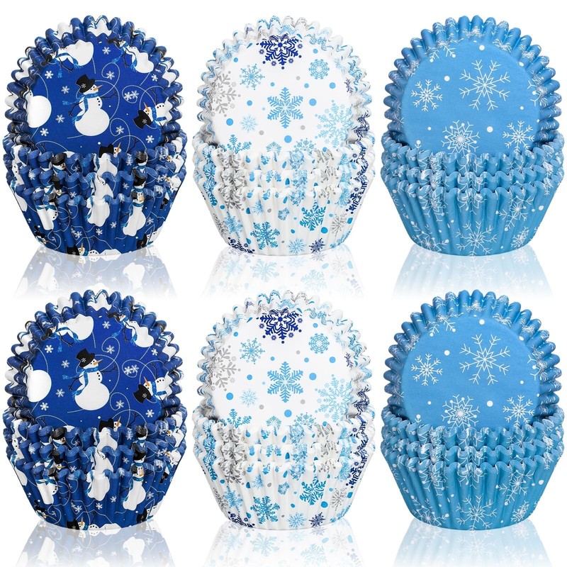Whaline 600Pcs Christmas Winter Cupcake Liners Snowmen Snowflake Blue White C…