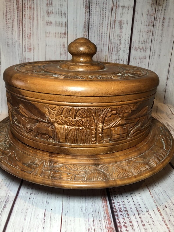Vintage 12" Round Wooden Swivel Cake Plate w/ Dome African Unique Hand Made gallery