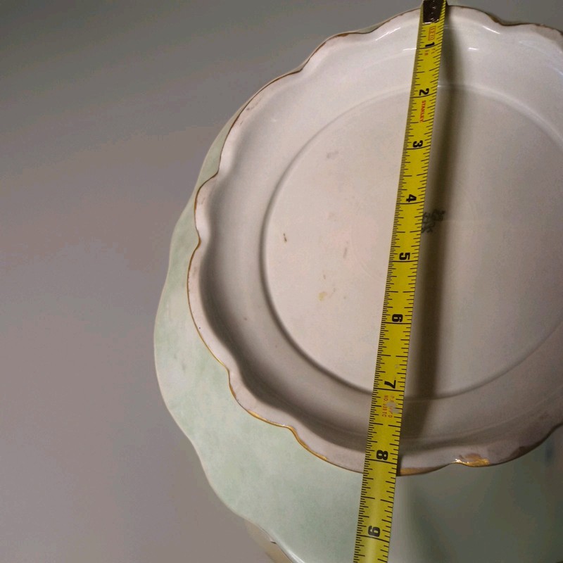 Vtg Ceramic Top 13"×3" Cake round8" booted Stand GreenPink Rose Pattern. gallery