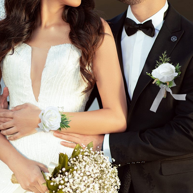 Wrist Corsage & Boutonniere Set Wedding Prom White Rose gallery