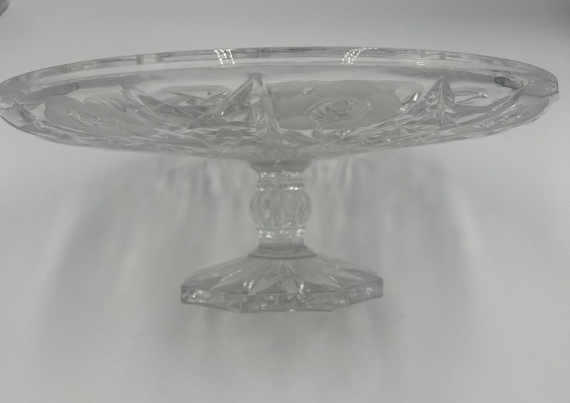 Vintage Leonard Crystal 11.25”x 4.25” Etched Cabbage Rose Pedestal Cake Plate gallery