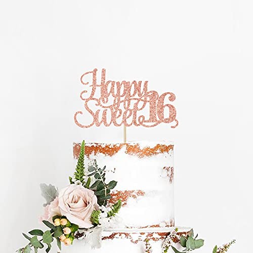 Rose Gold Glitter Happy Sweet 16 Cake Topper - Happy 16th Birthday Cake Decor gallery