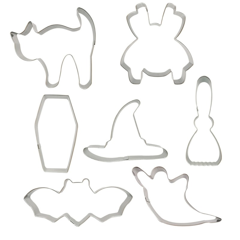 7 Halloween Cookie Cutters Set Metal Ghost Spider Coffin Broom Cat Witch Hat