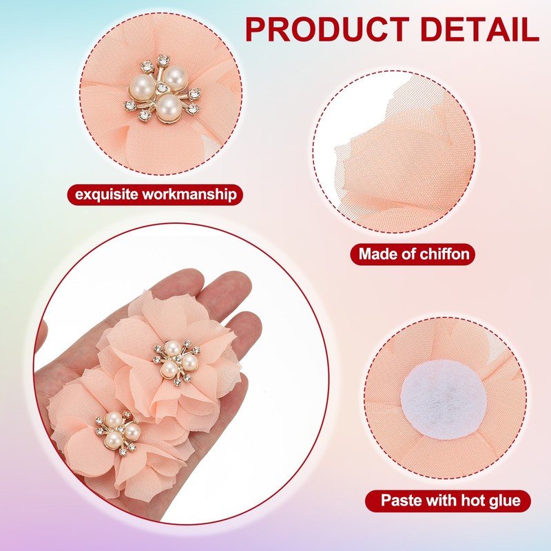 2.36 Inch Rhinestone Chiffon Flower, 15 Pcs Fabric Appliques, Peach Pink gallery