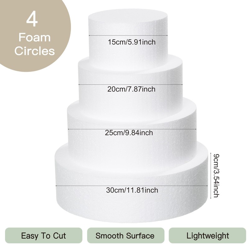 4 Tiers 6" 8" 10" 12" Round Styrofoam Cake Dummies Set White Fake wedding cak gallery