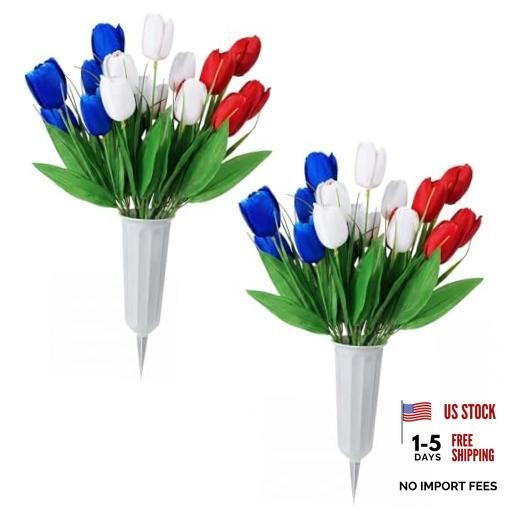 Sets Memorial Day Flowers for Cemetery Artificial Tulip 2 Red White and Blue