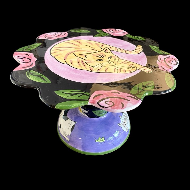 Large Painted Ceramic Cake Stand Cat Lover Whimsical Chaleur Kitchen Art 12x7 gallery