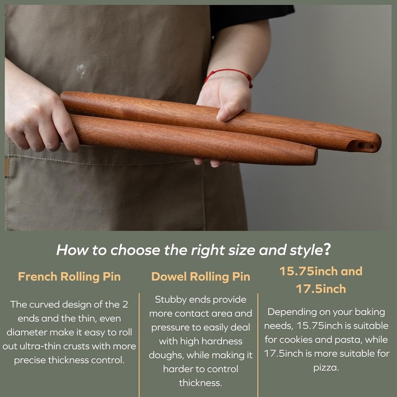 Muso Wood Sapele Wooden French Rolling Pin 15.75in Pin, gallery