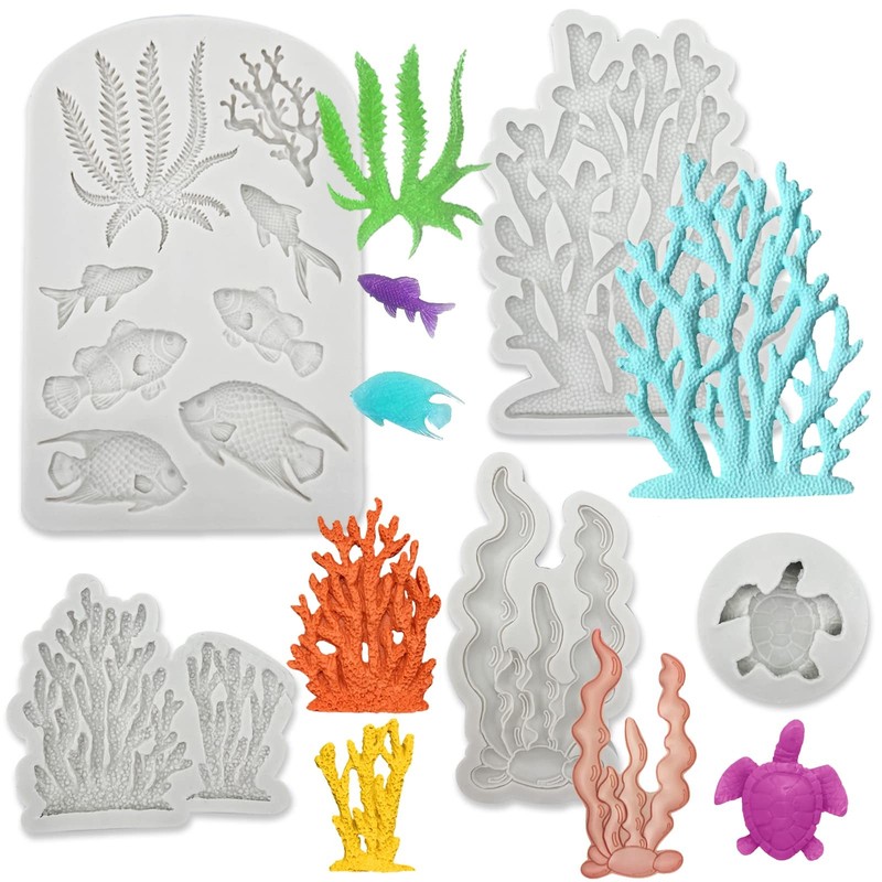 5pc Ocean Theme Fondant Molds Seaweed, Fish, Turtle Shapes for Cake Decorating