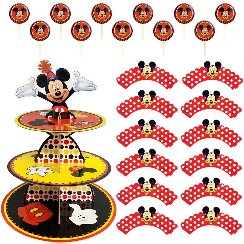 3-Tier Mickey Cupcake Stand& Toppers Wrappers Cartoon Mouse Birthday Party decor gallery