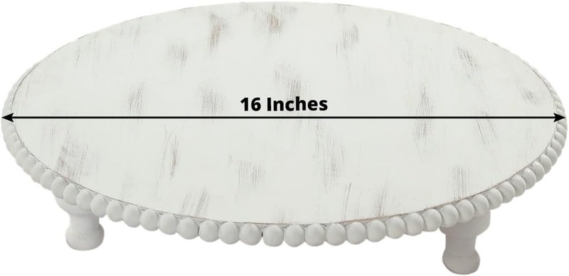 16" Antique White Beaded Wooden Cake Stand - Rustic Farmhouse Pedestal Riser for gallery
