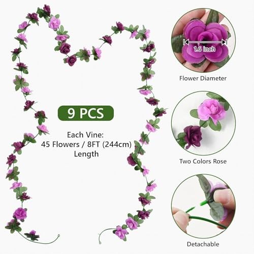 Sherika 9 Pcs 72FT Artificial Flower Garland, Fake Roses Vines Hanging Purple gallery