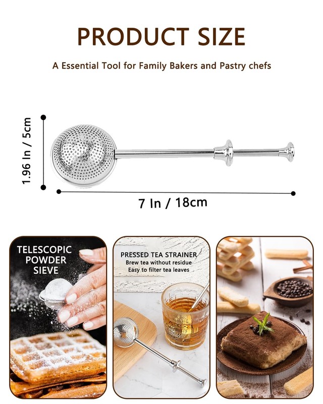 2 PCS Flour Sifter, Loose Tea Diffuser Portable Strainer with M, Silver gallery
