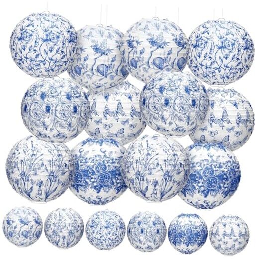 12 Pcs Blue and White Paper Lantern 8 Inch 8 inches Blue and White Flower