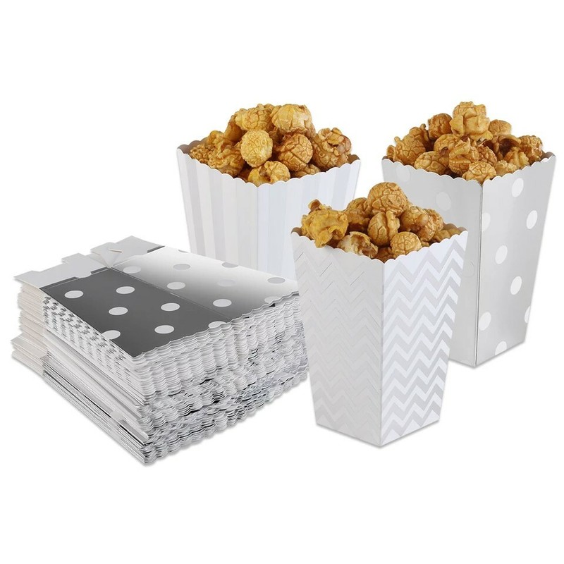 Silver 12 Pcs Set, mixed designs Pop Corn Candy Boxes Kids Birthday Party Supply