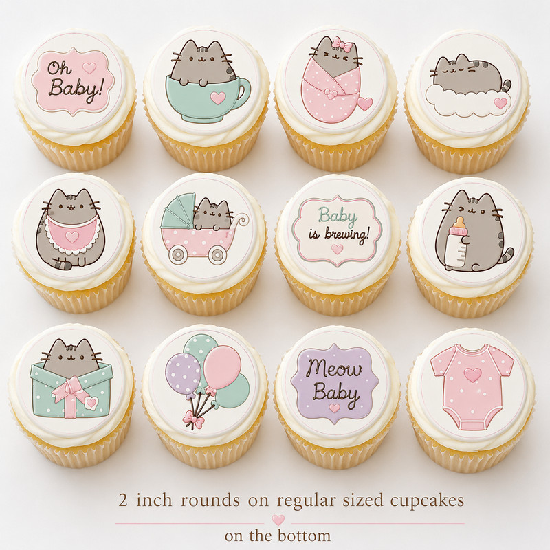 12 Baby Shower Kawaii Kitty edible wafer paper image rounds, PRE CUT choose sz