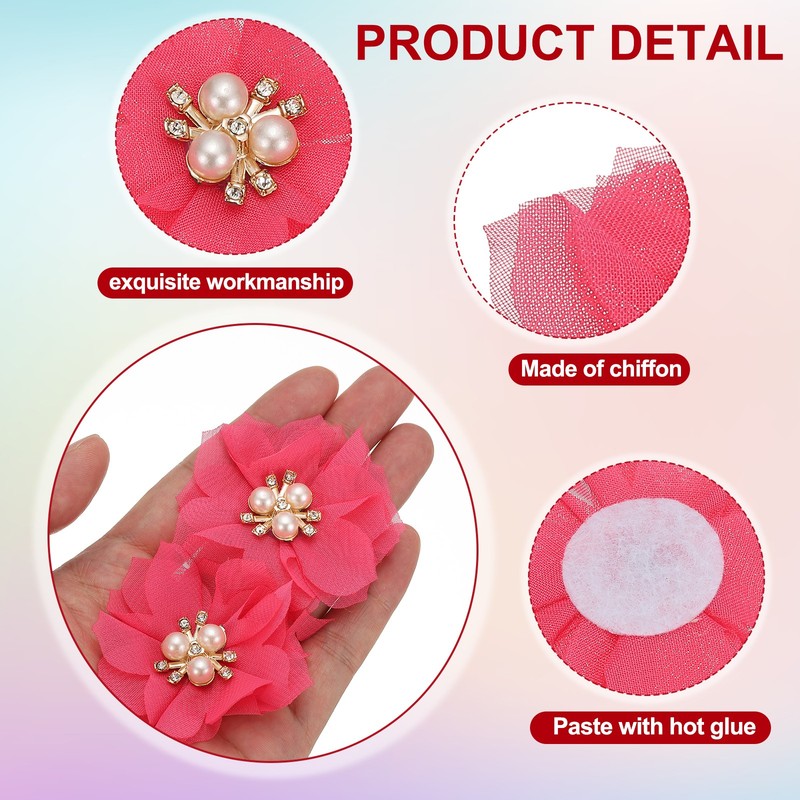 10Pcs 2.36 Inch Rhinestone Chiffon Flower Fabric Appliques Rose Red gallery