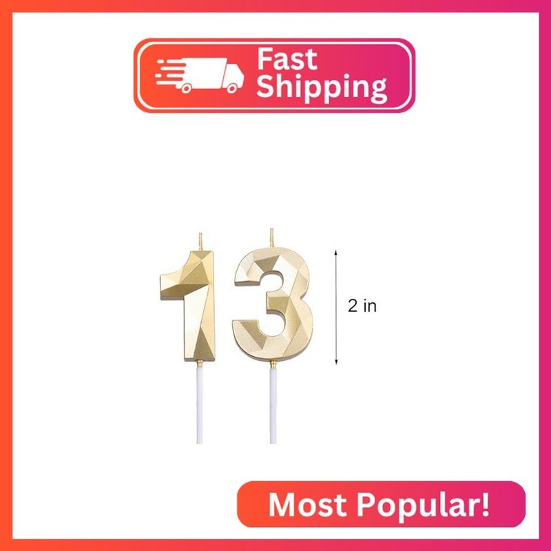 2 inch Gold 13 & 31 Birthday Candles, 3D Diamond Number 13rd & 31st Cake Topper gallery