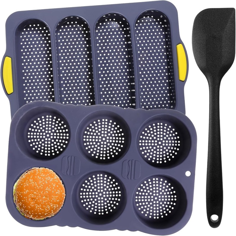 3 Pcs Silicone Baguette Pan and Hamburger Bun Pan Set, Silicone Bread Loaf Pans