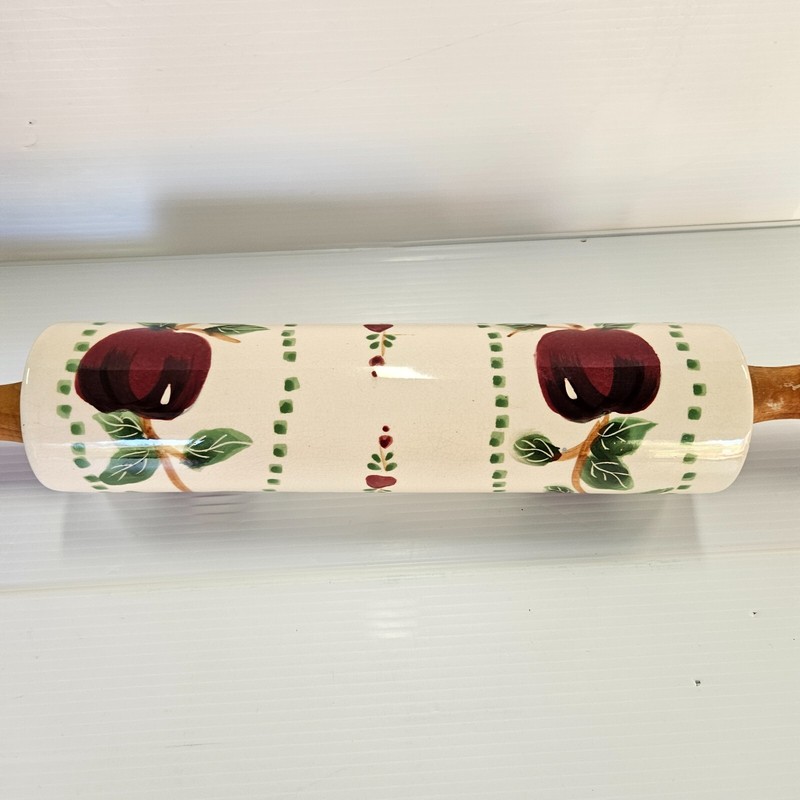 Stoneware Bakers Rolling Pin Wooden Handles Apples Vintage - used gallery