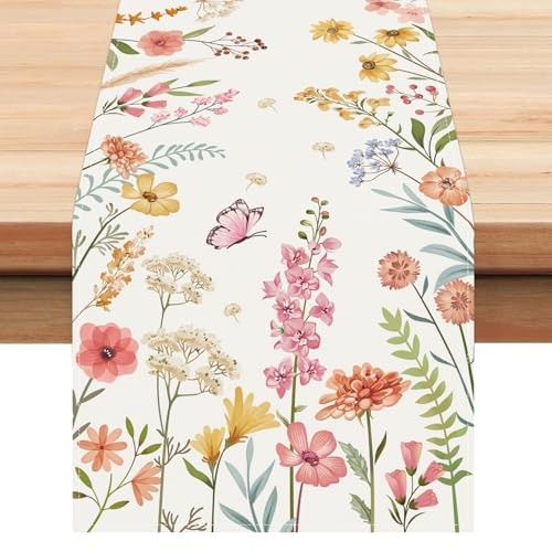 Spring Floral Table Runner 13x72 Inch Pink Flowers Green Floral-3 13"W x 72"L gallery