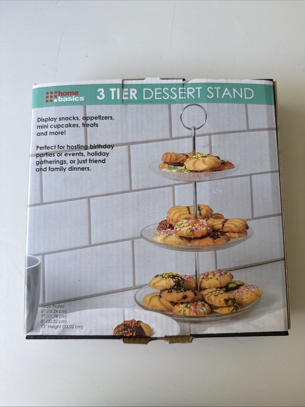 Home Basics 3 Tier Dessert Stand Glass Plates 6,7,8in. 13″ Tall NIP