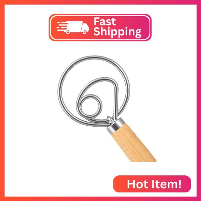 O'Creme Danish Dough Whisk - One Eye Stainless Steel Bread Mixer with Wooden Han