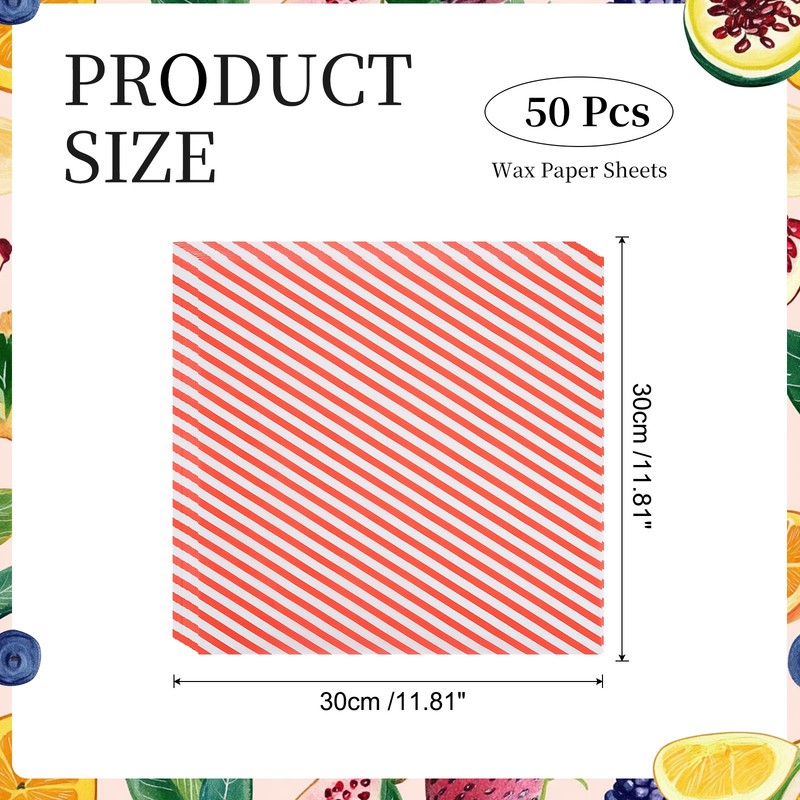 50 Pack Wax Paper Sheets, 11.8" x 11.8" Square Stripes Wrapping Paper, Red gallery