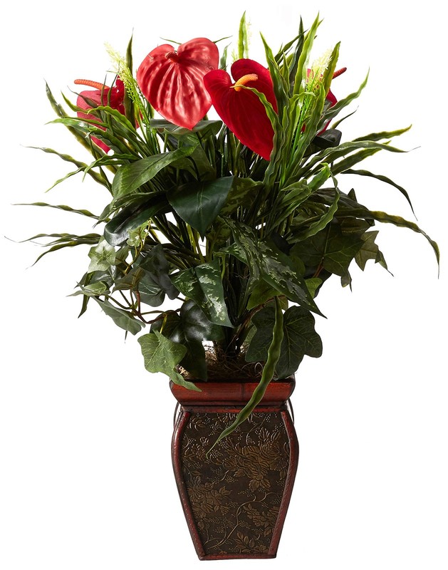 Nearly Natural 6678 Mixed Greens & Anthurium Silk Plant - Decorative Vase gallery