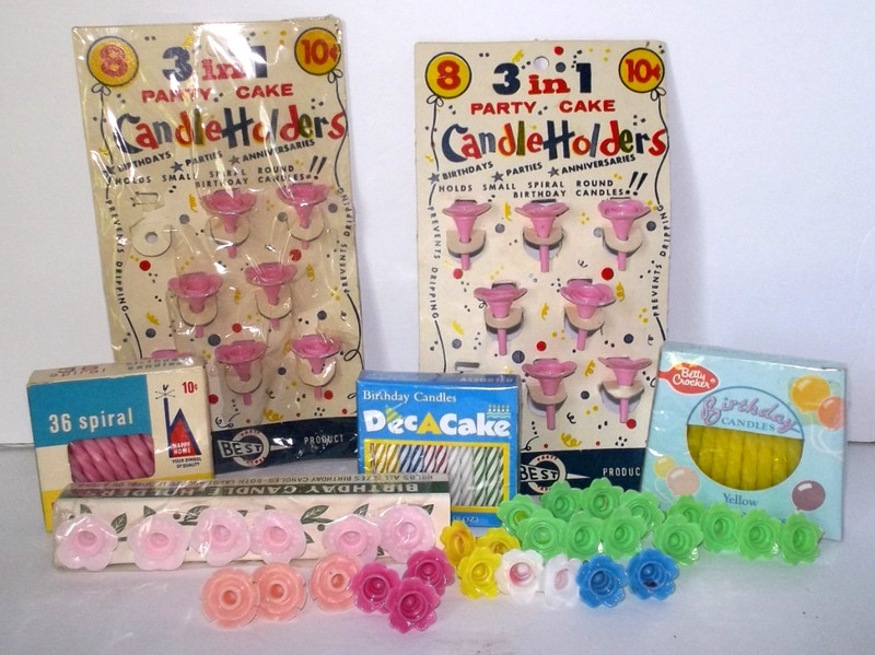 VINTAGE CAKE DECORATING CANDLE HOLDERS TOTAL OF 45 PIECES AND CANDLES
