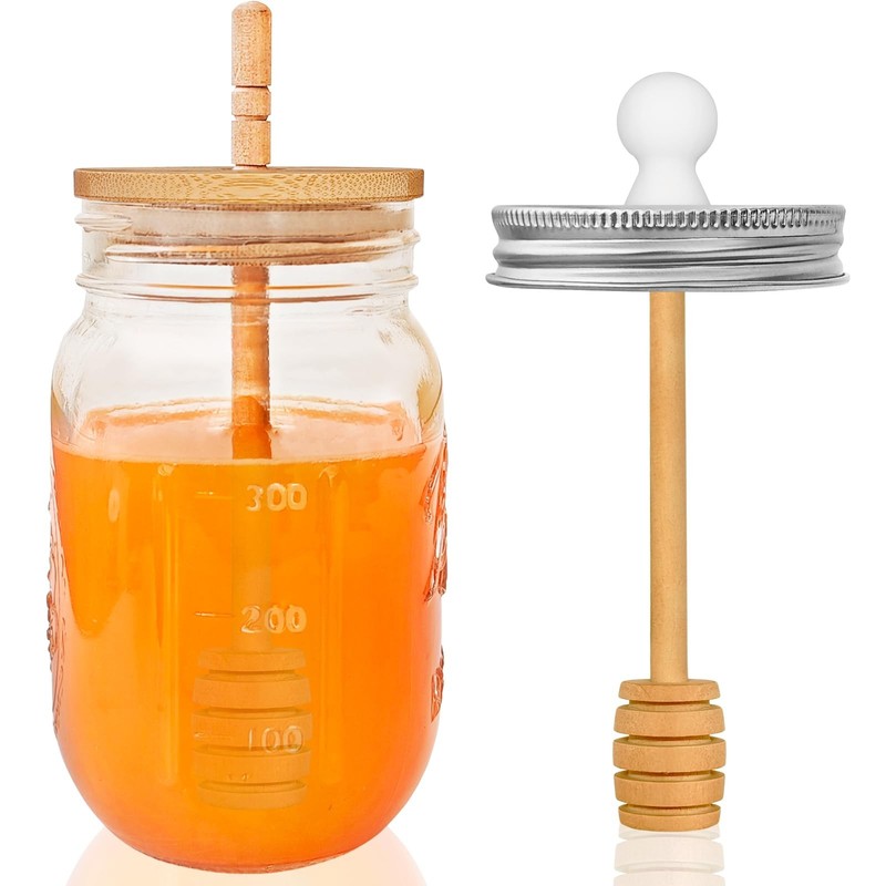 Qinsihwn 16 Oz Glass Honey Jar with Dipper,Glass Honey Pot with Lid,Mason Jar…
