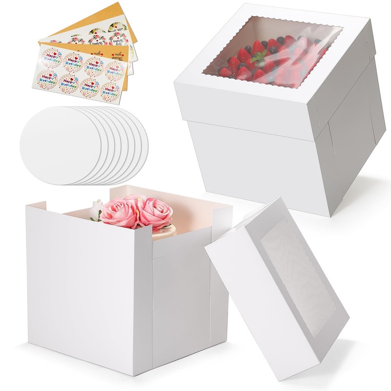 16 Pcs Cake Boxes, 10x10x10 Inches Tall Cake Box with Window (8 Boxes & 8 Boa…