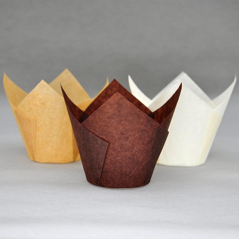 (JUMBO EXTRA LARGE size) Natural+Brown+White Tulip Baking Cups Case of 130 pcs gallery