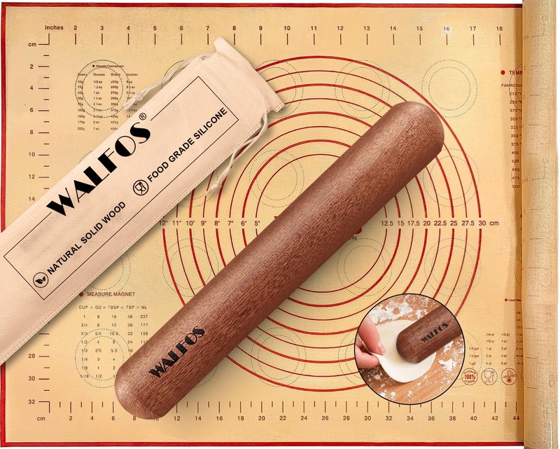 Walfos Mini Rolling Pin Set: 2 Small Wooden Dough Rollers & Baking Mat – 8-inch