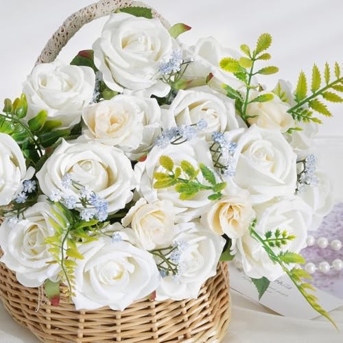 50 Pcs Roses Artificial Flowers, Real Touch Velvet Roses Bouquet 50pcs White gallery