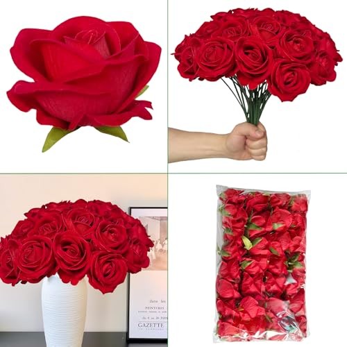 FagusHome 30 Pcs Silk Rose Artificial Flowers Roses Bulk Bouquet Fake Red gallery